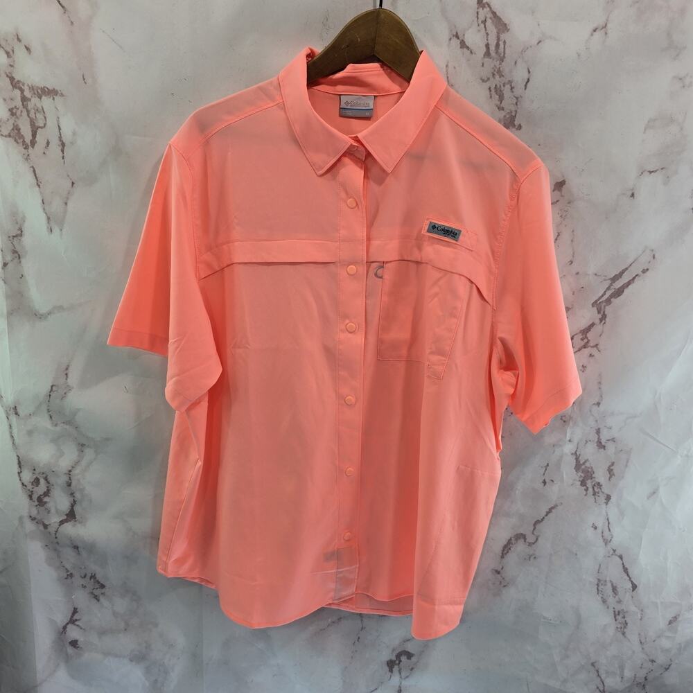 Columbia Shirt Women XL Pink Castback Short Sleeve Camp Snap Button Neon Boxy